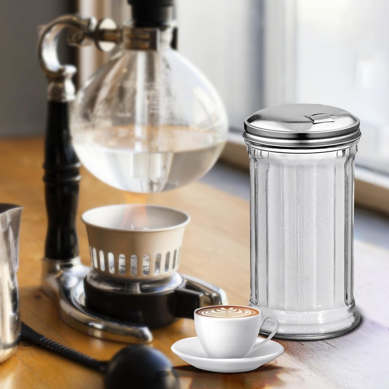 Great Credentials Retro Style Sugar Dispenser Pourer Shaker, Glass Jar with Stainless Steel Pour-Flap Lid, 12 oz, Set of 2 - Image 4